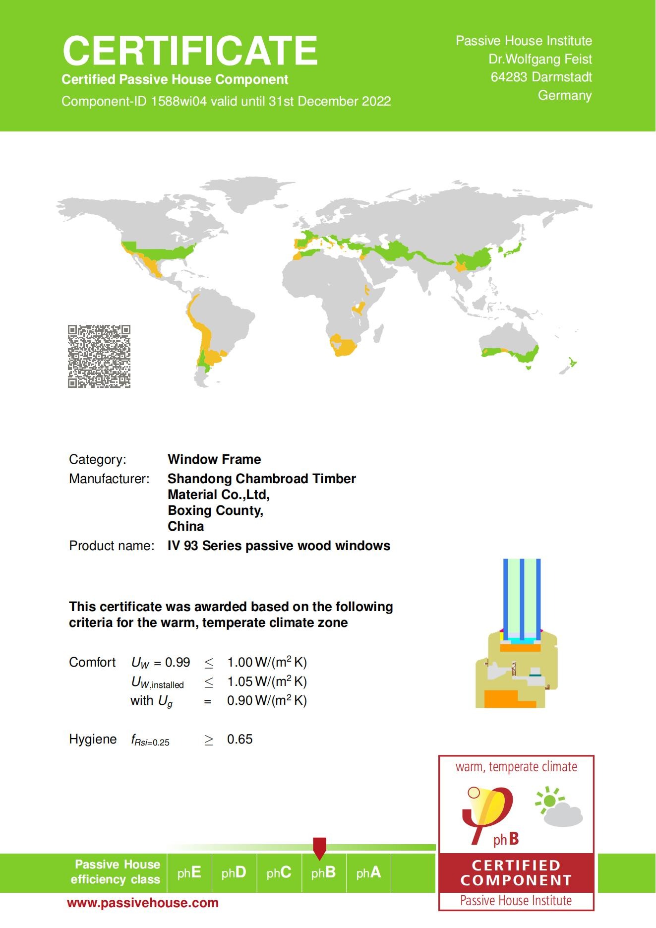 Certificat Passive House Institute Darmstadt — IV 93 Series passive wood windows, Component-ID 1588wi04 (expiré 31/12/2022)