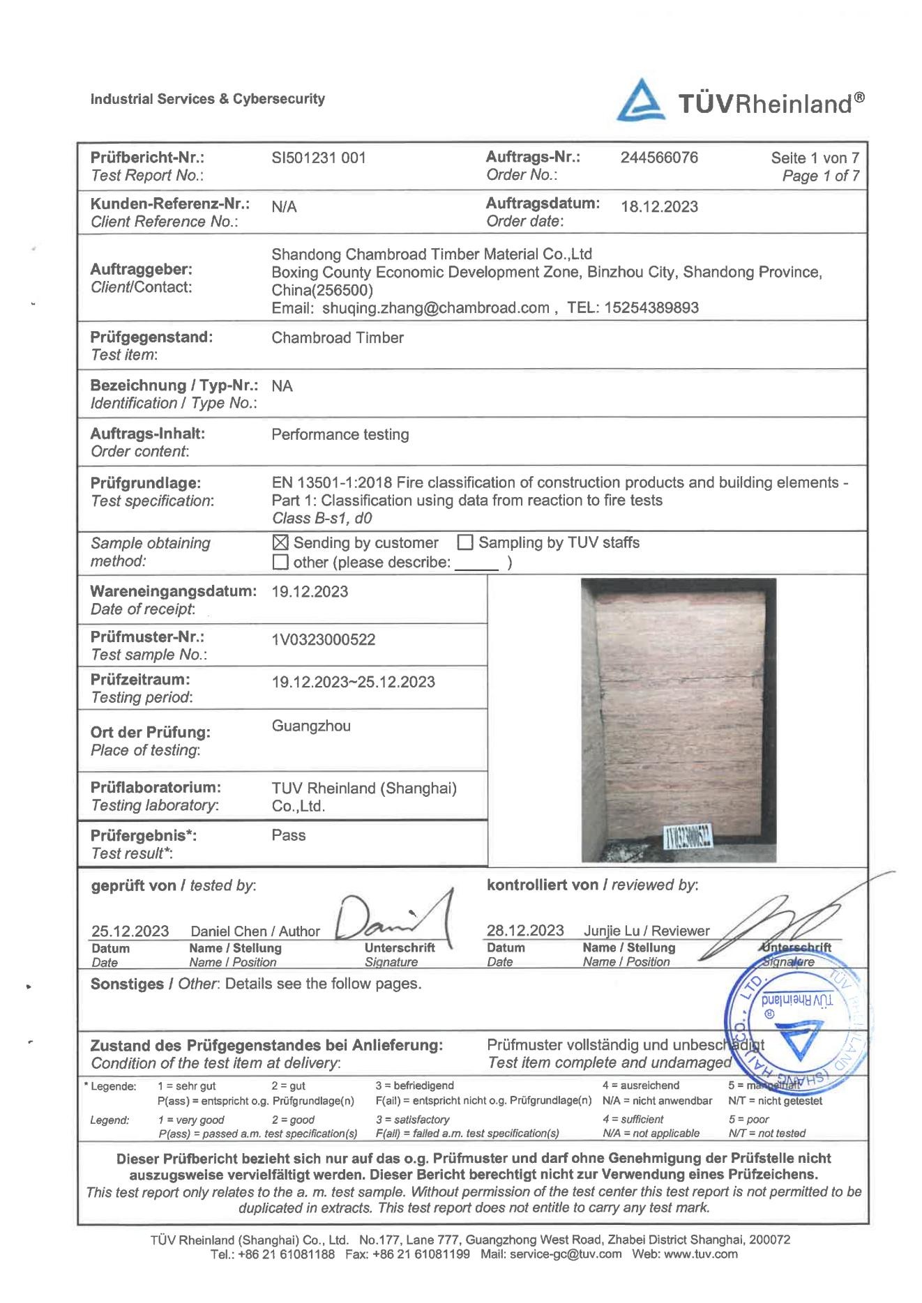 TÜV Rheinland Shanghai — Rapport SI501231 001, page 1 sur 7, EN 13501-1:2018 B-s1 d0